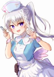 Rule 34 | 1girl, 9-nine-, :d, blue shirt, blush, braid, bright pupils, choker, commentary request, cowboy shot, eyes visible through hair, frilled wrist cuffs, frills, grey hair, hair between eyes, hands up, hat, highres, holding, holding syringe, kokoroofiscream, long hair, looking at viewer, niimi sora, nurse, nurse cap, official alternate costume, open mouth, pink wrist cuffs, puffy short sleeves, puffy sleeves, purple eyes, shirt, short sleeves, side ponytail, sidelocks, simple background, single braid, skirt, smile, smug, solo, syringe, v-shaped eyebrows, white background, white choker, white skirt, wrist cuffs