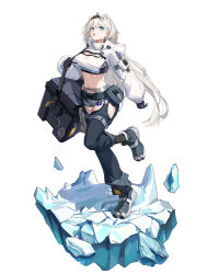 Rule 34 | 1girl, absurdres, animal ears, arknights, arm pouch, aurora (arknights), bear ears, bear girl, black gloves, black hairband, blue eyes, boots, box, chaps, commentary request, cropped jacket, full body, gloves, grey footwear, grey shorts, guanzhuang jinrou, hairband, highres, ice, ice shard, jacket, long hair, long sleeves, looking at viewer, midriff, open mouth, pouch, shorts, simple background, solo, standing, standing on one leg, very long hair, white background, white hair, white jacket