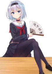 Rule 34 | .com (bot com1), 10s, 1girl, black pantyhose, black serafuku, blue eyes, closed mouth, commentary request, crossed legs, hair ornament, hand fan, highres, holding, loafers, long sleeves, looking at viewer, midriff peek, pantyhose, paper fan, ryuuou no oshigoto!, school uniform, serafuku, shoes, short hair, silver hair, sitting, snowflake hair ornament, solo, sora ginko, translation request