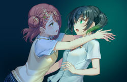 Rule 34 | 2girls, :o, black hair, black skirt, braid, brown vest, collared shirt, commentary request, dress shirt, flower, from side, gradient background, gradient hair, green background, green eyes, green hair, hair bun, hair flower, hair ornament, hairclip, hug, kws, looking at another, love live!, multicolored hair, multiple girls, open mouth, plaid, plaid skirt, school uniform, shirt, short sleeves, siblings, single hair bun, sisters, skirt, takasaki yu, twintails, uehara ayumu, upper body, vest, white shirt, yuri