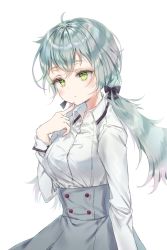 Rule 34 | 1girl, bad id, bad pixiv id, black bow, blush, bow, breasts, closed mouth, collared shirt, commentary request, dress shirt, green eyes, green hair, grey skirt, hair bow, hand up, high-waist skirt, long hair, long sleeves, low twintails, medium breasts, original, qlakwnd, shirt, simple background, skirt, solo, twintails, very long hair, white background, white shirt