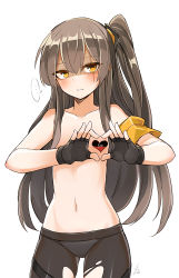 Rule 34 | ..., 1girl, artist name, black gloves, black pantyhose, blush, brown eyes, collarbone, cowboy shot, fingerless gloves, flat chest, girls&#039; frontline, gloves, grey hair, hair between eyes, half-closed eyes, heart, heart-shaped boob challenge, heart hands, long hair, looking at viewer, mou tama maru, navel, one side up, panties, panties under pantyhose, pantyhose, parted lips, scar, scar across eye, scar on face, shaded face, signature, simple background, solo, speech bubble, spoken ellipsis, topless, torn clothes, torn pantyhose, tsurime, ump45 (girls&#039; frontline), underwear, white background