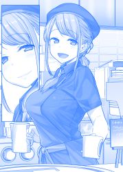 Rule 34 | 1girl, :d, apron, blue theme, blush, breasts, close-up, closed mouth, coffee cup, coffee maker, coffee pot, collared shirt, comic, cup, disposable cup, eyebrows, hat, himura kiseki, holding, holding cup, indoors, kerchief, large breasts, long hair, low ponytail, monochrome, open mouth, original, plate, pocket, shirt, short sleeves, sign, silent comic, smile, table, tray, upper body, wing collar