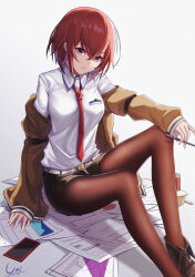 Rule 34 | 1girl, absurdres, alternate hair length, alternate hairstyle, arm support, belt, blue eyes, brown footwear, brown jacket, brown pantyhose, brown shorts, cellphone, closed mouth, collared shirt, commentary request, crossed bangs, foot out of frame, grey belt, hair between eyes, highres, jacket, knees up, long sleeves, looking at viewer, makise kurisu, necktie, off shoulder, open clothes, open jacket, pantyhose, paper, phone, red necktie, shirt, shoes, short hair, shorts, simple background, sitting, smartphone, solo, steins;gate, unique (pixiv12704744), white shirt
