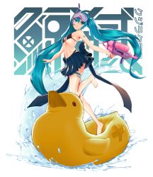 Rule 34 | 1girl, aqua eyes, aqua hair, bare arms, bare legs, bare shoulders, barefoot, bikini, black bikini, black skirt, breasts, diving mask, goggles, hair between eyes, hatsune miku, highres, holding, holding water gun, inflatable duck, inflatable toy, jingshi, long hair, miniskirt, navel, pleated skirt, rubber duck, skirt, small breasts, snorkel, solo, stomach, swimsuit, thigh strap, thighs, twintails, very long hair, vocaloid, water, water gun, white background