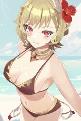 1girl alternate_costume beach bikini blonde_hair breasts brown_bikini citrinne_(fire_emblem) cleavage closed_mouth collarbone commentary_request eyelashes fire_emblem fire_emblem_engage flower hair_flower hair_ornament halterneck highres horizon jewelry large_breasts looking_at_viewer medium_hair n_54 navel neck_ring nintendo ocean outdoors red_eyes red_flower smile solo swimsuit