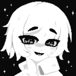 Rule 34 | androgynous, black background, blush, bob cut, close-up, collar, greyscale, looking at viewer, minimilieu, monochrome, open mouth, original, pixel art, portrait, short hair, slit pupils, smile, solo, sparkle, sweatdrop, thick eyebrows