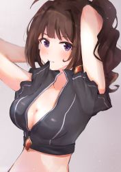 Rule 34 | 1girl, absurdres, arms up, breasts, brown hair, cleavage, earrings, highres, huge filesize, idolmaster, idolmaster million live!, idolmaster million live! theater days, jewelry, long hair, medium breasts, midriff, mouth hold, purple eyes, side ponytail, simple background, sketch, solo, upper body, wakaayu3, yokoyama nao