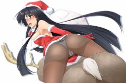 Rule 34 | 1girl, alternate costume, ass, ass focus, bare shoulders, black hair, blush, breasts, brown eyes, cameltoe, christmas, elbow gloves, from behind, gloves, hachi (chihagura), hat, highres, houraisan kaguya, large breasts, long hair, looking at viewer, looking back, open mouth, panties, panties under pantyhose, pantyhose, red gloves, reindeer, sack, santa costume, santa hat, simple background, skindentation, solo, sweat, thighband pantyhose, thighs, touhou, underwear, very long hair, white background