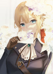 Rule 34 | 1girl, ascot, bad id, bad pixiv id, blonde hair, blue eyes, brown gloves, brown ribbon, flower, gloves, grey jacket, hair between eyes, hair flower, hair ornament, highres, holding, holding letter, jacket, kyo (maae00), letter, long sleeves, looking at viewer, purple flower, ribbon, solo, upper body, violet evergarden, violet evergarden (series), white ascot, white background