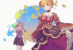 Rule 34 | 2girls, ahoge, angelfish, beatrice (umineko), black choker, black skirt, blonde hair, blue eyes, breasts, brown hair, brown jacket, bug, butterfly, chinese commentary, choker, closed eyes, collarbone, collared shirt, commentary request, fish, flower, frilled sleeves, frills, hair flower, hair ornament, highres, insect, jacket, long sleeves, multiple girls, neck ribbon, open mouth, ououren, pink ribbon, plaid, plaid skirt, pleated skirt, purple vest, red flower, red ribbon, red skirt, ribbon, shirt, skirt, small breasts, smile, twintails, umineko no naku koro ni, ushiromiya rosa, vest, white shirt, yellow butterfly