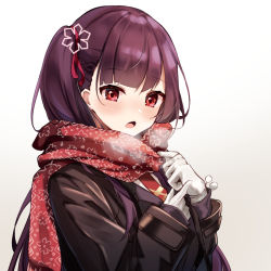 Rule 34 | aratake, blush, girls&#039; frontline, gloves, hair ribbon, looking at viewer, official alternate costume, one side up, purple hair, red eyes, red neckwear, red ribbon, red scarf, ribbon, scarf, solo, wa2000 (date in the snow) (girls&#039; frontline), wa2000 (girls&#039; frontline), white gloves
