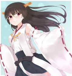 Rule 34 | 1girl, bare shoulders, black hair, choukai (kancolle), cosplay, detached sleeves, glasses, hairband, highres, japanese clothes, kantai collection, kirishima (kancolle), kirishima (kancolle) (cosplay), long hair, nontraditional miko, red eyes, skirt, smile, solo, yukichi (sukiyaki39)