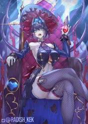 Rule 34 | 1girl, absurdres, blood, blue eyes, blue hair, bow, cup, dress, drinking glass, fangs, fishnet thighhighs, fishnets, gloves, hair intakes, halloween, hat, heart, highres, hololive, hololive english, looking at viewer, open mouth, ouro kronii, pale skin, pointy ears, radishkek, short hair, short shorts, shorts, solo, thighhighs, throne, vampire, virtual youtuber, wine glass