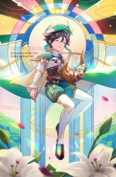 Rule 34 | 1boy, androgynous, argyle, argyle clothes, argyle legwear, beret, black hair, blue hair, bow, braid, brooch, cape, closed mouth, collared cape, collared shirt, commentary, commission, corset, english commentary, english text, floating, flower, frilled sleeves, frills, full body, gem, genshin impact, gradient hair, green cape, green hat, green shorts, hat, hat flower, highres, holding, holding instrument, instrument, jewelry, leaf, long sleeves, lunachaiart, lyre, male focus, multicolored hair, pantyhose, parted lips, pinwheel, shirt, shoes, short hair with long locks, shorts, side braids, sidelocks, solo, twin braids, venti (genshin impact), white flower, white pantyhose, white shirt