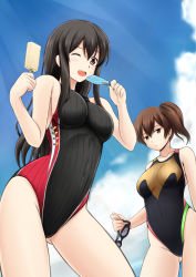Rule 34 | 10s, 2girls, akagi (kancolle), alternate costume, arena (company), bare shoulders, black hair, blush, breasts, brown eyes, brown hair, competition swimsuit, covered navel, eating, food, fuuma nagi, goggles, unworn goggles, highleg, highleg swimsuit, kaga (kancolle), kantai collection, long hair, looking at viewer, multiple girls, navel, one-piece swimsuit, open mouth, popsicle, short hair, side ponytail, standing, swimsuit