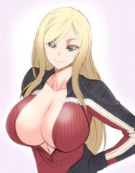 Rule 34 | 10s, 1girl, biker clothes, bikesuit, blonde hair, blue eyes, bodysuit, breasts, cleavage, cynthia b rogers, ginnyo, highres, huge breasts, one off, smile, solo, unzipped
