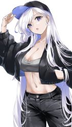 Rule 34 | 1girl, absurdres, alternate costume, azur lane, belfast (azur lane), black hat, black jacket, black pants, blue eyes, breasts, casual, cleavage, collarbone, commentary request, cowboy shot, cropped jacket, denim, grey sports bra, groin, hair behind ear, hair between eyes, hand in pocket, hand up, hat, highres, holding, holding clothes, holding hat, jacket, jeans, large breasts, long hair, long sleeves, looking at viewer, marumai, midriff, navel, open clothes, open jacket, pants, parted lips, sidelocks, simple background, solo, sports bra, standing, very long hair, white background, white hair
