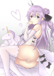 Rule 34 | 1girl, absurdres, ass, azur lane, bad id, bad pixiv id, breasts, covered erect nipples, covering own mouth, detached sleeves, dress, hair bun, hand to own mouth, highres, long hair, lying, nahanmin, on side, panties, purple eyes, purple hair, single hair bun, small breasts, soll, solo, stuffed animal, stuffed toy, thighs, underwear, unicorn (azur lane), white dress, white panties, white sleeves