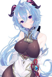 1girl, ahoge, arms behind back, bell, black bodysuit, blush, bodysuit, breasts, closed mouth, commentary, cowbell, cowboy shot, detached sleeves, erect nipples, expressionless, eyelashes, flower knot, ganyu (genshin impact), genshin impact, goat horns, hair between eyes, head tilt, highres, horns, light blue hair, long hair, looking at viewer, medium breasts, pelvic curtain, purple eyes, remimim, simple background, skin tight, solo, vision (genshin impact), wavy hair, white background