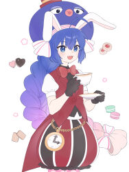 Rule 34 | 1girl, alternate costume, alternate hairstyle, animal ears, black gloves, black shirt, black shorts, blue eyes, blue hair, blue hat, bow, bowtie, braid, braided ponytail, buttons, candy, chocolate, chocolate heart, collared shirt, cookie, cup, eel hat, fake animal ears, fang, food, frills, gloves, gradient hair, hair bow, hat, heart, highres, holding, holding cup, holding plate, large hat, long hair, low ponytail, macaron, multicolored clothes, multicolored hair, multicolored shorts, open mouth, otomachi una, pink bow, pink hair, plate, puffy short sleeves, puffy shorts, puffy sleeves, purple hair, rabbit ears, red bow, red bowtie, red hat, red shorts, red vest, shirt, short sleeves, shorts, smile, solo, star (symbol), striped bow, striped clothes, striped shorts, suiso sn3, tea, thumbprint cookie, top hat, traditional bowtie, vertical-striped clothes, vertical-striped shorts, very long hair, vest, vocaloid, white background, white bow, white shorts, white sleeves