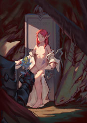 Rule 34 | 1girl, armor, barefoot, bigrbear, breasts, brown eyes, cape, closed mouth, commentary request, elf, flower, gauntlets, highres, long hair, looking at viewer, navel, nipples, nude, off shoulder, original, pointy ears, red cape, red hair, robe, sitting, small breasts, solo focus, staff, throne