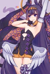 Rule 34 | 1girl, absurdres, armpits, arynah, bare shoulders, blush, breasts, clothing cutout, elbow gloves, gloves, half gloves, heart, highres, hololive, hololive english, long hair, low wings, mole, mole under eye, ninomae ina&#039;nis, purple eyes, purple hair, single elbow glove, single half glove, single thighhigh, small breasts, smile, solo, tentacles, thighhighs, very long hair, virtual youtuber, wings