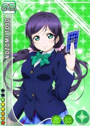 Rule 34 | 10s, 1girl, blazer, blue skirt, blush, bow, bowtie, buttons, card, card (medium), character name, collared shirt, diamond (shape), gradient background, green background, green bow, green bowtie, green eyes, holding, holding card, jacket, jpeg artifacts, layered clothes, long hair, long sleeves, looking at viewer, love live!, love live! school idol festival, love live! school idol project, low twintails, official art, otonokizaka school uniform, parted bangs, plaid, plaid skirt, purple hair, school uniform, scrunchie, shirt, skirt, smile, solo, sparkle, standing, star (symbol), striped bow, striped bowtie, striped clothes, striped neckwear, tarot, tojo nozomi, twintails, white shirt