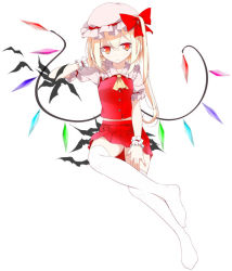 Rule 34 | 1girl, arm rest, ascot, bat (animal), blonde hair, bow, crossed legs, female focus, flandre scarlet, hair bow, hat, oouso, red eyes, short hair, side ponytail, simple background, sitting, sitting on animal, skirt, skirt set, smile, solo, thighhighs, touhou, white background, white thighhighs, wings, wrist cuffs