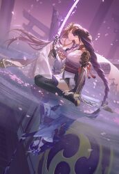 Rule 34 | 2girls, black gloves, black thighhighs, braid, bridal gauntlets, broken pillar, brown hair, closed eyes, different reflection, dutch angle, elbow gloves, engulfing lightning (genshin impact), facing viewer, falling petals, genshin impact, gloves, hair ornament, hair spread out, hand on another&#039;s head, hand on own ankle, high heels, highres, holding, holding polearm, holding sword, holding weapon, japanese clothes, kimono, long hair, low-braided long hair, low-tied long hair, makoto (genshin impact), mitsudomoe (shape), mizuku hei, mole, mole under eye, multiple girls, musou isshin (genshin impact), obi, obijime, petals, polearm, profile, purple hair, raiden shogun, red tassel, reflection, reflective water, sash, siblings, sisters, sitting, sitting on water, spoilers, sword, thighhighs, tomoe (symbol), torii, twins, very long hair, wariza, weapon