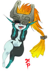 Rule 34 | 1girl, blush, closed eyes, fang, hands on own face, helmet, highres, long hair, midna, neon trim, nintendo, non-web source, one eye covered, orange hair, pointy ears, solo, the legend of zelda, the legend of zelda: twilight princess, wide hips