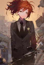 Rule 34 | 1girl, alternate costume, artist name, black jacket, black necktie, black pants, black ribbon, black suit, building, buttons, cable, city, commentary request, copyright name, cowboy shot, fate/grand order, fate (series), formal, frown, fujimaru ritsuka (female), fujimaru ritsuka (female) (royal brand), hair ribbon, half-closed eyes, hands in pockets, head tilt, jacket, kawacy, lamppost, long sleeves, looking at viewer, necktie, orange hair, outdoors, pant suit, pants, pocket, ponytail, ribbon, road, short hair, sky, solo, standing, street, suit, twilight, wind, wing collar, yellow eyes