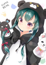 Rule 34 | 1girl, absurdres, animal costume, animal ears, animal hood, bear costume, bear ears, bear hood, blush, bow, closed mouth, commentary request, english text, fake animal ears, green hair, hair bow, hand puppet, hands up, highres, hood, hood up, inahori, kuma kuma kuma bear, long hair, long sleeves, looking at viewer, puppet, red bow, red eyes, romaji text, simple background, smile, solo, upper body, very long hair, white background, yuna (kuma kuma kuma bear)