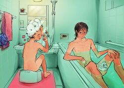 Rule 34 | 2boys, bath, bath stool, bathing, bathroom, bathtub, black hair, blush, butt crack, grin, hand on own knee, highres, ikso2712, long hair, looking at another, midousuji akira, mirror, multiple boys, nipples, nude, onoda sakamichi, open mouth, partially submerged, pointing, pointing at self, reflection, rubber duck, short hair, shower head, skinny, smile, soap, soap bottle, soap bubbles, stool, tan, tanline, tile wall, tiles, towel, washing hair, yowamushi pedal