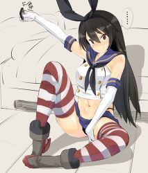 Rule 34 | ..., 1girl, ankle boots, blush, boots, cosplay, gloves, grey footwear, iwasaki takashi, kantai collection, long hair, looking at viewer, nagato (kancolle), shimakaze (kancolle), shimakaze (kancolle) (cosplay), simple background, smile, solo, striped clothes, striped thighhighs, thighhighs, white gloves