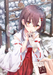 Rule 34 | 1girl, 1other, blush, brown eyes, brown hair, closed mouth, commentary request, detached sleeves, earrings, ema, hair between eyes, hair ornament, hairclip, hakama, hakama skirt, hands up, highres, holding, japanese clothes, jewelry, kimono, long hair, long sleeves, maruma (maruma gic), nontraditional miko, omikuji, original, out of frame, parted lips, red hakama, ribbon-trimmed sleeves, ribbon trim, signature, skirt, sleeveless, sleeveless kimono, snow, snowing, solo focus, spoken emoji, stud earrings, translation request, very long hair, wavy mouth, white kimono, white sleeves, wide sleeves