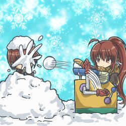Rule 34 | 1boy, 1girl, absurdres, brown hair, crossover, doraemon, gloves, highres, little busters!, long hair, marihei64ds, natsume kyousuke, natsume rin, ponytail, red eyes, scarf, snowball, snowball fight, winter