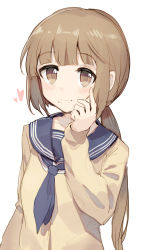 Rule 34 | 1girl, blunt bangs, brown eyes, commentary, copyright request, food, food on face, hand on own cheek, hand on own face, heart, highres, light blush, light brown hair, long sleeves, looking at viewer, sailor collar, shone, simple background, smile, solo, white background
