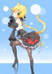 Rule 34 | 1girl, alternate costume, animal ears, bare shoulders, black footwear, black gloves, black pantyhose, blonde hair, blue eyes, blush, boots, cat ears, cat tail, commentary request, detached sleeves, dress, fishnet pantyhose, fishnets, frills, gloves, hair between eyes, hair ornament, hairclip, hand on own knee, high heel boots, high heels, kemonomimi mode, knee boots, long hair, looking at viewer, low twintails, ore twintail ni narimasu, pantyhose, shindou erina, shiny clothes, sleeveless, sleeveless dress, smile, solo, tail, twintails, x hair ornament, yuto (dialique)