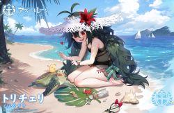 Rule 34 | 1girl, @ @, antenna hair, azur lane, bare shoulders, beach, bikini, black bikini, blush, boat, bow, byulzzi, cloud, day, flower, hat, hat flower, heart, leg tattoo, long hair, looking at viewer, manjuu (azur lane), mountain, ocean, official alternate costume, official art, open mouth, outdoors, palm tree, promotional art, red bow, red eyes, red flower, sandals, sardegna empire (emblem), see-through, shadow, shell, ship, sitting, sky, smile, solo, straw hat, sun hat, swimsuit, tattoo, torricelli (azur lane), torricelli (shady seaside) (azur lane), tree, turtle, water, watercraft