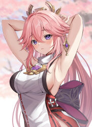 Rule 34 | 1girl, :o, armpits, arms behind head, arms up, blurry, blurry background, blush, breasts, crossed bangs, genshin impact, hair between eyes, hair ornament, harimoji, highres, large breasts, long hair, looking at viewer, parted lips, pink hair, purple eyes, sideboob, solo, upper body, yae miko