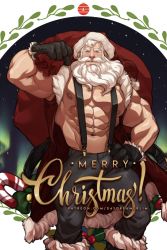 Rule 34 | 1boy, abs, bara, bare pectorals, bare shoulders, beard, biceps, bulge, christmas, contrapposto, facial hair, feet out of frame, flexing, gift bag, gloves, grey pants, hat, highres, jimsdaydreams, male focus, mature male, merry christmas, muscular, muscular male, navel, nipples, old, old man, original, pants, pectorals, santa claus, santa costume, santa hat, short hair, sleeveless, solo, stomach, suspenders, thighs, tight clothes, tight pants