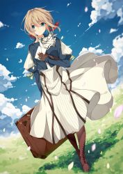 Rule 34 | 10s, 1girl, blue eyes, blue jacket, blue sky, blurry, blurry foreground, blush, boots, brooch, brown footwear, closed mouth, cloud, commentary request, day, depth of field, dress, dutch angle, hair between eyes, hair ribbon, highres, holding, jacket, jewelry, juliet sleeves, light brown hair, long hair, long sleeves, looking at viewer, outdoors, petals, puffy sleeves, red ribbon, ribbon, sidelocks, sky, solo, standing, suitcase, taiyaki (astre), violet evergarden, violet evergarden (series), white dress