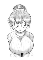 Rule 34 | 1girl, blunt bangs, breasts, breasts squeezed together, chi-chi (dragon ball), covered erect nipples, cropped torso, dragon ball, dragonball z, earrings, eyebrows hidden by hair, funsexydb, greyscale, hair bun, highres, impossible clothes, impossible sweater, jewelry, large breasts, large ears, looking to the side, monochrome, ribbed sweater, single hair bun, smile, solo, sweater, turtleneck, turtleneck sweater, upper body