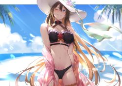 Rule 34 | 1girl, ;), absurdres, bare shoulders, beach, bikini, black bikini, blue eyes, blue sky, blush, breasts, brown hair, choker, cleavage, cloud, day, flower, granblue fantasy, grin, groin, hair between eyes, hair flower, hair ornament, hat, hat flower, hat ribbon, highres, kakage, large breasts, long hair, looking at viewer, navel, ocean, off shoulder, one eye closed, outdoors, outside border, palm tree, red flower, red rose, ribbon, rose, rosetta (granblue fantasy), rosetta (summer) (granblue fantasy), sidelocks, sky, smile, solo, stomach, sun hat, sunlight, swimsuit, thigh strap, tree, very long hair, wet, white hat