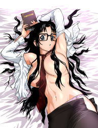 Rule 34 | 00s, 1girl, armpits, bed, bed sheet, black-framed eyewear, black hair, blue eyes, book, breasts, censored, convenient censoring, dress shirt, glasses, hair censor, hair over breasts, huge breasts, lying, navel, necktie, open clothes, open shirt, panties, read or die, red necktie, shirt, solo, thong, ueyama michirou, underwear, unzipped, yomiko readman