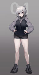 Rule 34 | 1girl, absurdres, black hoodie, black shorts, breasts, closed mouth, commentary, dated commentary, english commentary, facial scar, full body, gradient background, grey background, grey footwear, grey hair, grey hoodie, grey shirt, hair between eyes, hands on own hips, highres, hood, hood down, hoodie, long sleeves, looking at viewer, medium breasts, multicolored clothes, multicolored hoodie, nine (kanine41), original, purple eyes, scar, scar on cheek, scar on face, shirt, shoes, short hair with long locks, short shorts, shorts, sidelocks, sneakers, solo, standing, turtleneck