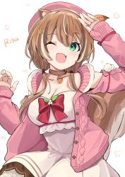 Rule 34 | absurdres, acorn, anbasa (amaneyuz13), animal ears, ayunda risu, ayunda risu (1st costume), beret, brown hair, choker, clothing cutout, dress, fang, green eyes, hair ornament, hairpin, hat, highres, hololive, hololive indonesia, multicolored hair, one eye closed, open mouth, shoulder cutout, skin fang, solo, squirrel ears, squirrel girl, squirrel tail, streaked hair, sweater, tail, upper body, virtual youtuber
