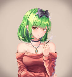 Rule 34 | 1girl, absurdres, bad id, bad pixiv id, bare shoulders, bow, breasts, brown background, choker, cigarette, collarbone, commentary, cup6542, green hair, hair bow, highres, holding, holding cigarette, jewelry, long sleeves, looking at viewer, medium breasts, necklace, off-shoulder, off-shoulder sweater, off shoulder, original, red eyes, short hair, smoking, solo, sweater, upper body