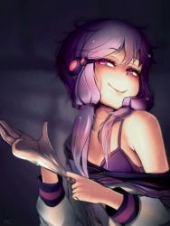 Rule 34 | 1girl, at2., glove pull, gloves, highres, latex, latex gloves, looking at viewer, low twintails, off shoulder, purple eyes, purple hair, smile, solo, twintails, vocaloid, voiceroid, you gonna get raped, yuzuki yukari